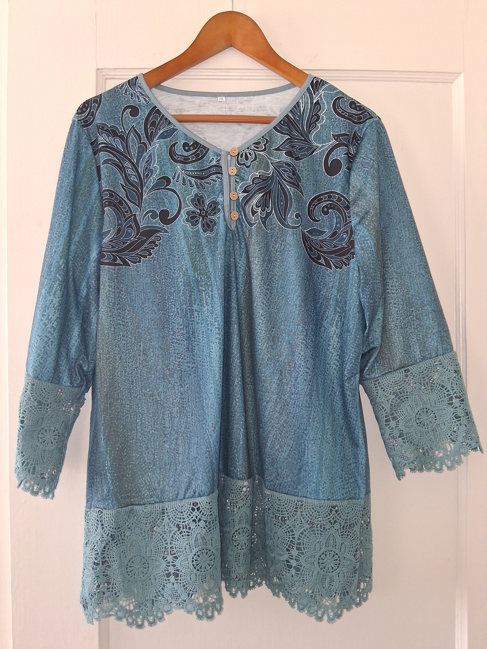 Blue Boho Tunic 2XL Crochet Trim Henley Floral Detail Top